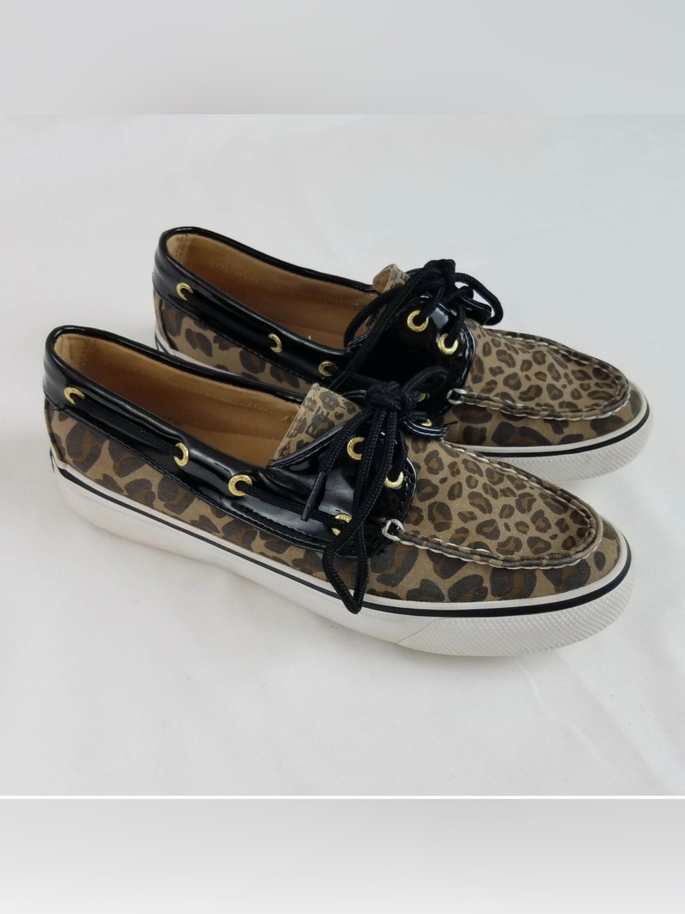Sperry Leopard Print Moccasin Boat Shoes with Black Trim